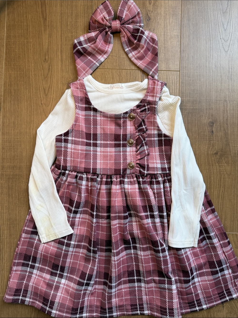 Girls Pink Plaid Pinafore Dress with White Long-Sleeve Top and Matching Hair Bow